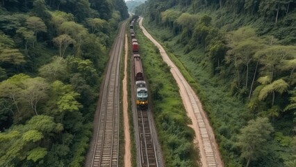 Fototapeta premium Aerial view of a railway construction site surrounded by dense green trees.