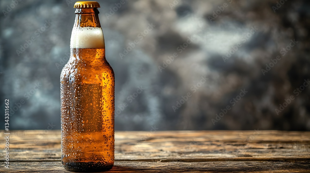 Poster close-up of a craft beer bottle with condensation on its surface resting on a table in a cozy settin