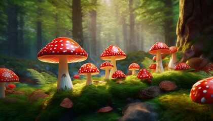 red and white spotted fly agaric mushrooms growing on a mossy forest floor creating a magical woodland scene