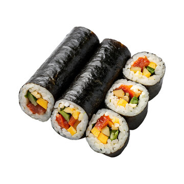 Delicious kimbap rolls with fresh vegetables and rice, perfect for healthy snack