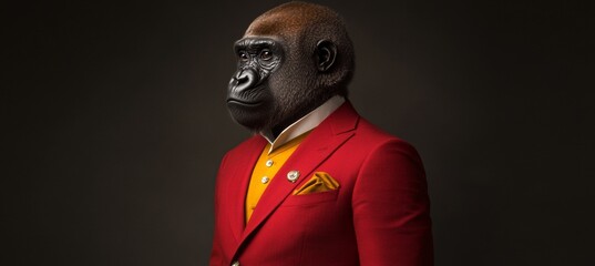 Obraz premium Anthropomorphic Gorilla Primate in a Red Suit Merges Animal and Human, Fine Art Portrait