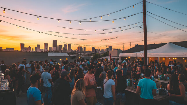 Joyful crowd of partygoers celebrating together on a rooftop with stunning sunset lighting creating a festive atmosphere.