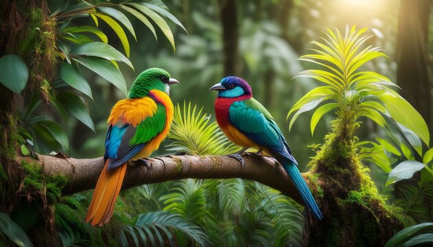 two colorful birds perched on a branch surrounded by lush foliage