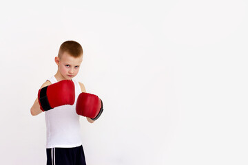 Boy in boxing gloves standing on white background ready to punch. Banner to advertise training for...
