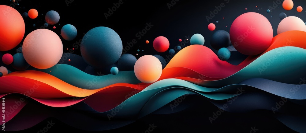 Poster colorful abstract composition with wavy patterns and spheres in vibrant hues in a dark background