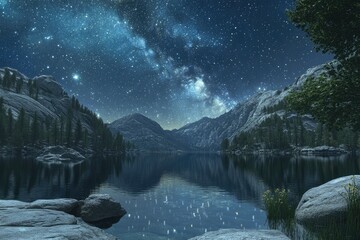 Serene mountain lake at night