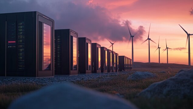 Servers in wind farm at sunset