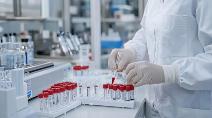 scientist in lab coat conducts health check, handling test tubes with precision and care in laboratory setting