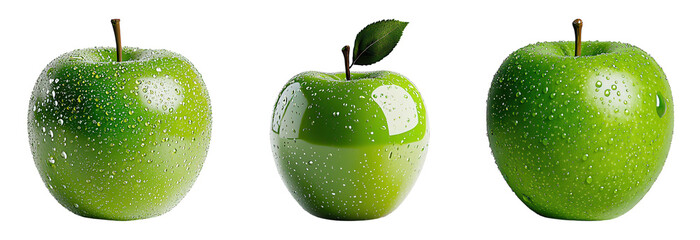 Three Fresh Green Apples with Drops of Water on Their Surface Isolated on a White Background