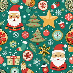 Festive seamless pattern featuring traditional Christmas symbols, including Santa Claus and decorative holiday elements
