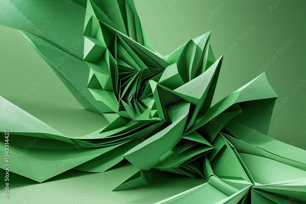 Poster lush green geometric paper sculpture illusion with dynamic flow and distinctive patterns