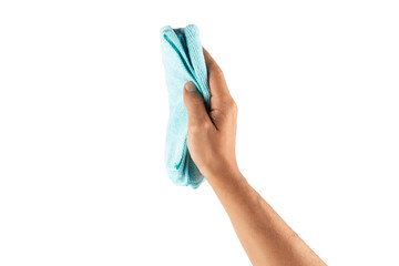 Male hand using a cyan cleaning cloth isolated no background