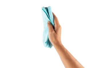 Male hand using a cyan cleaning cloth isolated no background