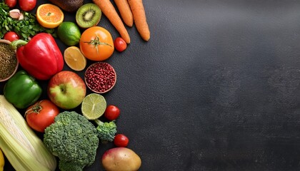 composition with fresh fruits and vegetables on dark background with space for your text