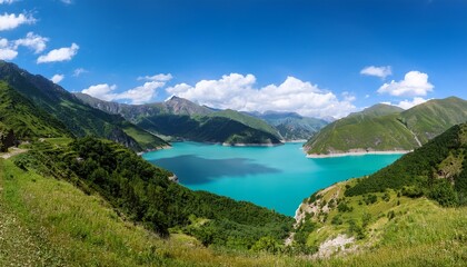 Obraz premium stunning turquoise lake surrounded by green mountains under a beautiful blue sky creates an idyllic summer landscape