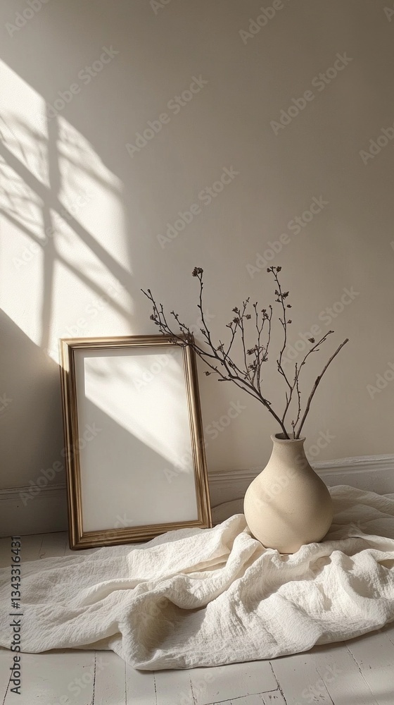 Poster Sunlight gently streams through a window, casting delicate shadows on a serene setting featuring a simple vase with branches and an empty frame resting nearby