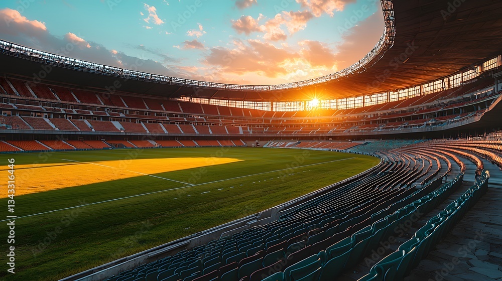 Poster serene and dramatic empty soccer stadium at dawn with long shadows creating a tranquil atmosphere fo