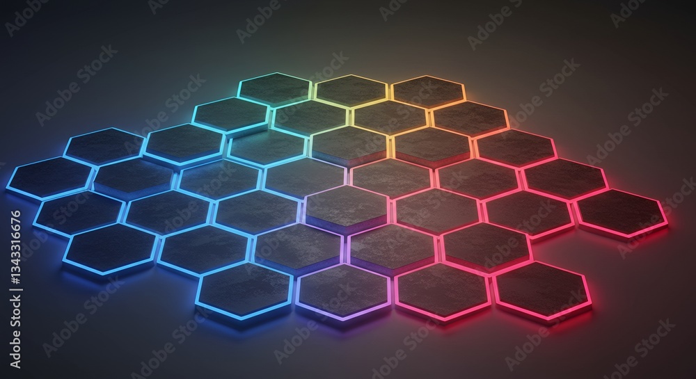 Poster illuminated hexagon tiles with rainbow gradient on dark background