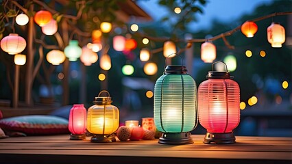 A cozy outdoor dining area illuminated by colorful paper lanterns in shades of orange,