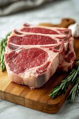 Fresh meat cuts displayed on a wooden board with rosemary. National Barbecue Month