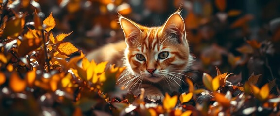 A Ginger Kitten Hidden Amongst Autumn Leaves, Basking in the Warm Glow of Sunlight, a Captivating Scene of Nature's Beauty