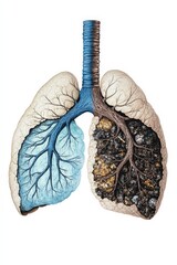 Half of lung displays clear blue section contrasting with dark, coated area, illustrating health effects of pollution. Lung Health Awareness Month