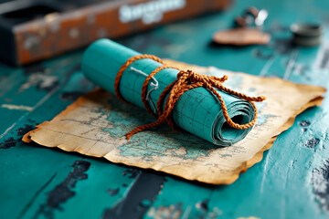 A rolled up map on top of an old map on a table
