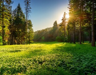 lush green grass covers a clearing in the forest illuminated by sunlight