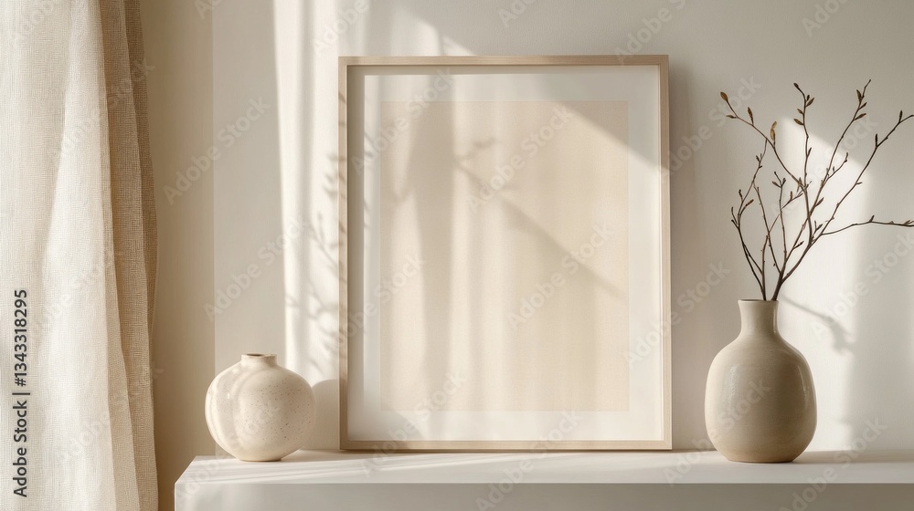 Poster Soft light filters through sheer curtains, casting delicate shadows on a neutral-toned surface. Simple pottery and an empty frame create a tranquil atmosphere for calm reflection