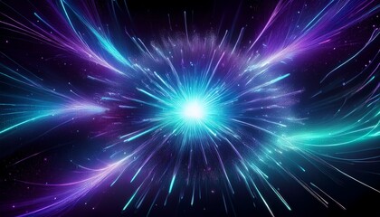 Fototapeta premium electric blue light bursts in a spherical explosion against a black background with scattered purple and green sparks celestial sparkles