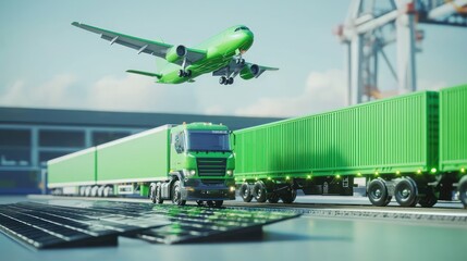 Green cargo plane landing near green trucks and containers at a port.