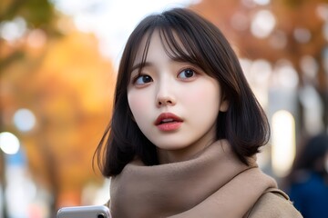 Obraz premium Young Woman Autumn Day Smartphone Portrait