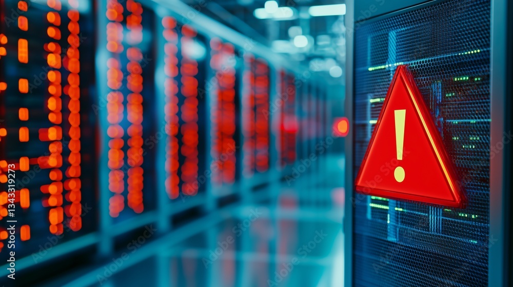 Poster server room with warning sign symbolizing data risk and disaster recovery.