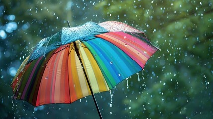 Vibrant Rainbow Umbrella Stands Firm in a Deluge, Splashing Colorful Light