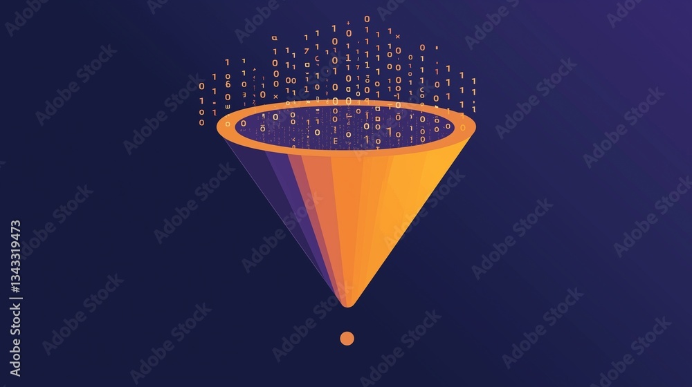 Poster orange funnel filtering data particles on dark background, symbolizing data processing.