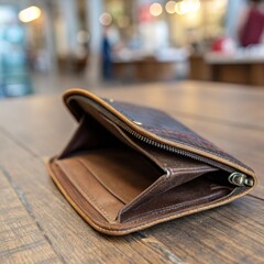 empty wallet on a wooden table