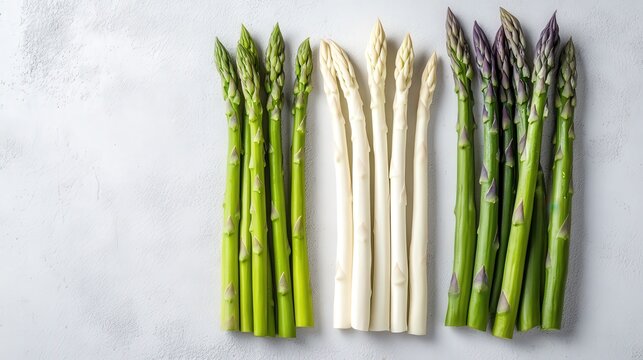 Display of fresh green asparagus along with white and purple varieties on a light background in a kitchen setting. National Asparagus Month
