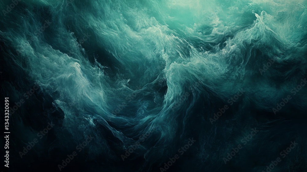 Poster a vast sea-inspired abstraction with flowing darkness merging into aquamarine, creating a tranquil u