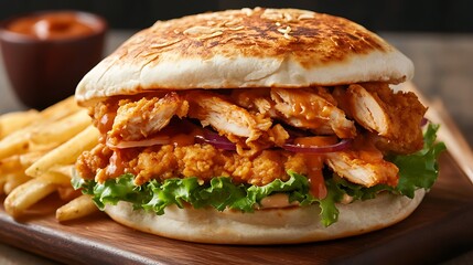 Chicken quesadilla with chicken meat french fries tortilla lettuce