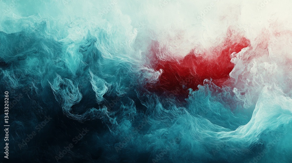 Poster a vast sea-inspired abstraction with flowing red merging into aquamarine, creating a tranquil underw