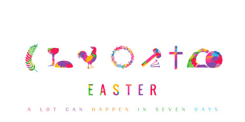 Easter colorful brush pattern icons - palm branch, wine bowl, rooster, crown of thorns, nails, cross and open tomb. A lot can happen in seven days, creative concept with Holy Week symbols. Vector card © koltukovs