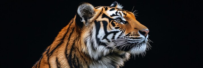 Fototapeta premium Striking Profile of a Majestic Tiger Isolated Against Dark Seamless Background, Wildlife Majesty