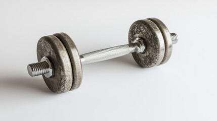A single steel dumbbell with smooth weight plates and a textured knurled grip, centered on a pure white background, sharp details, and a modern, clean aesthetic