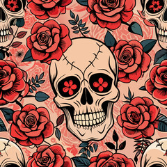 Fototapeta premium Edgy seamless pattern featuring detailed skulls intertwined with blooming roses, designed in a tattoo-inspired style 