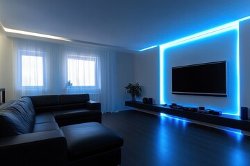 Modern living room with blue LED lighting. Interior design.  Possible use Stock photo for home decor magazines or websites