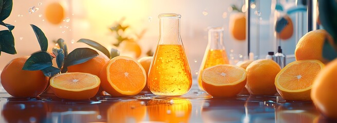 Fresh oranges and their vibrant juice are expertly examined in a laboratory setting for quality control and scientific research.
