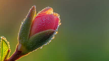 朝日を浴びて開花する桜の蕾と春の息吹