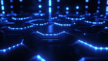 an abstract network of glowing hexagonal shapes interconnected with lines, against a deep blue background with bokeh lights