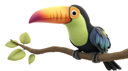3d cartoon toucan with brightly colored beak on white background