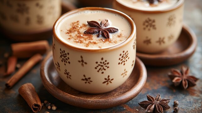 A fragrant cup of steaming masala chai, a symphony of spices and milky warmth, promising comfort and warmth on a chilly day.